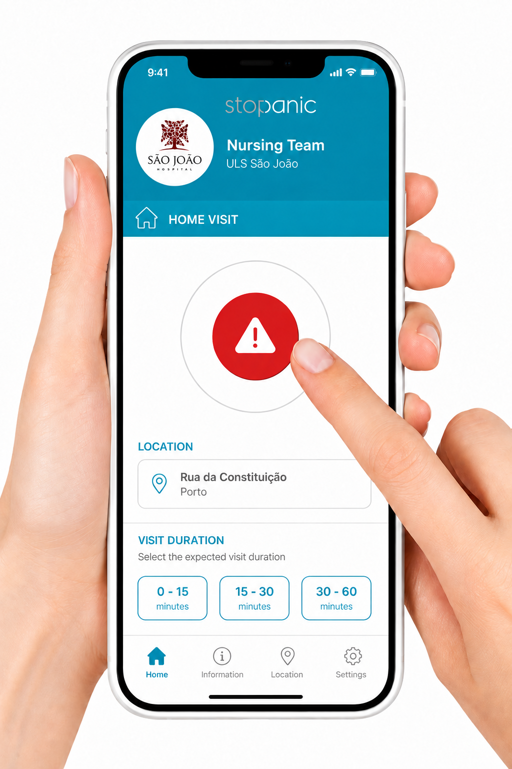 stopanic Home Care app on a smartphone
