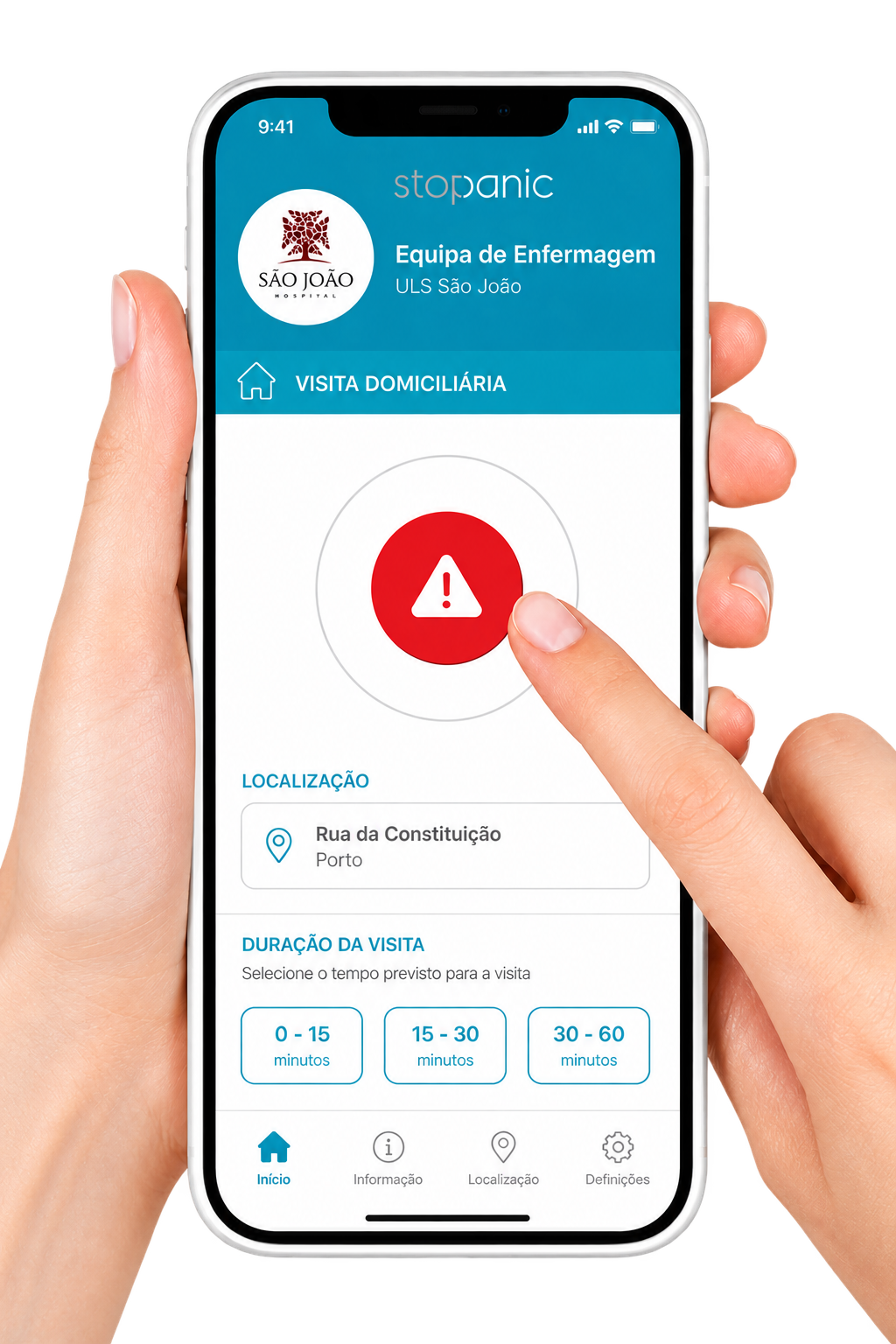 Aplicação stopanic Home Care num telemóvel