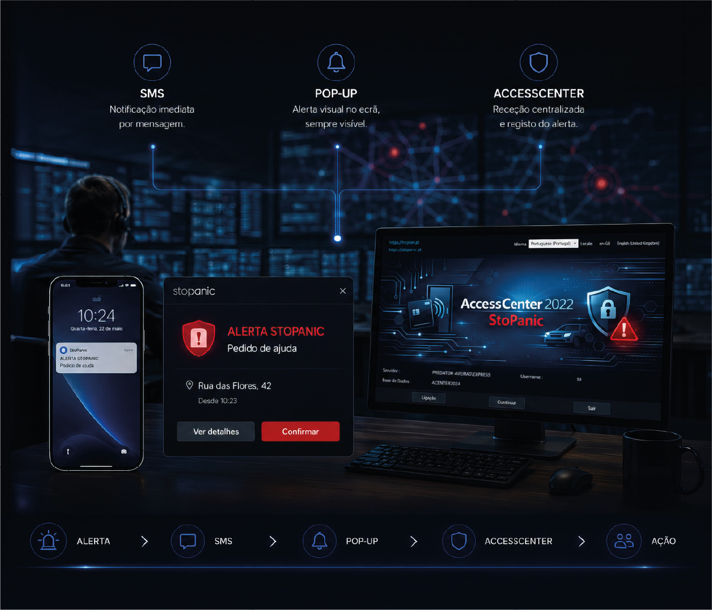Notificação stopanic distribuída por telemóvel, pop-up e AccessCenter