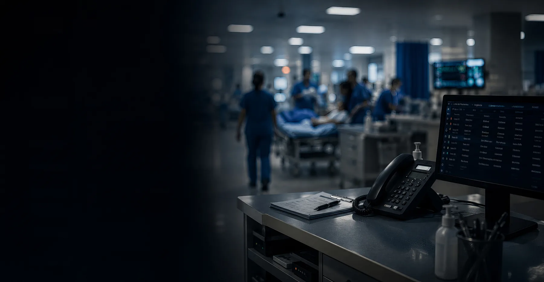 Ambiente hospitalar com equipas de saúde em atividade