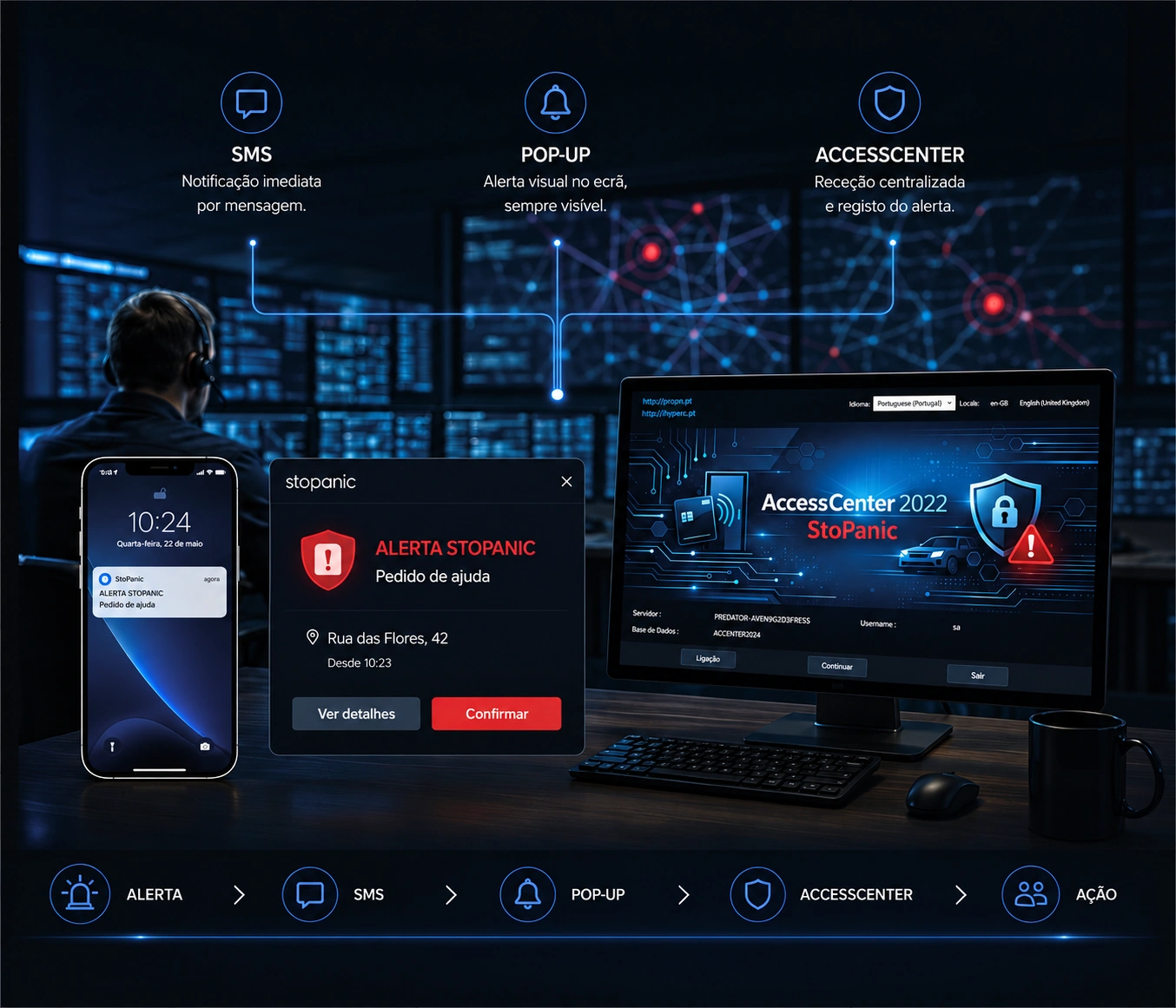 Telemóvel, pop-up e monitor AccessCenter a receber um alerta stopanic.